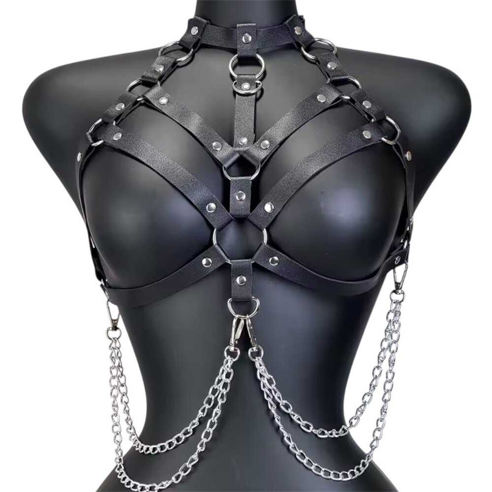 Chest Leather Harness With Chains Goth Body Chain